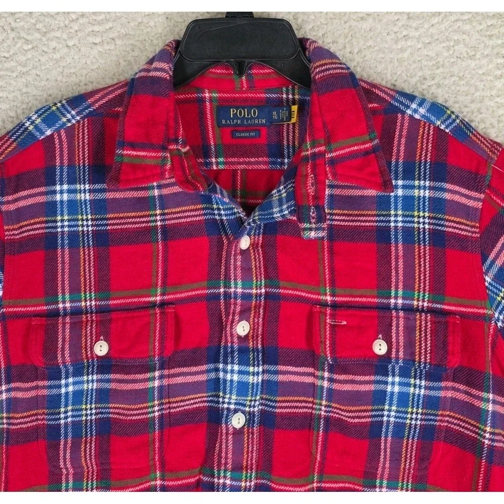 Polo Ralph Lauren Flannel Shirt Shacket Mens XL Classic Fit Red Blue Plaid LS